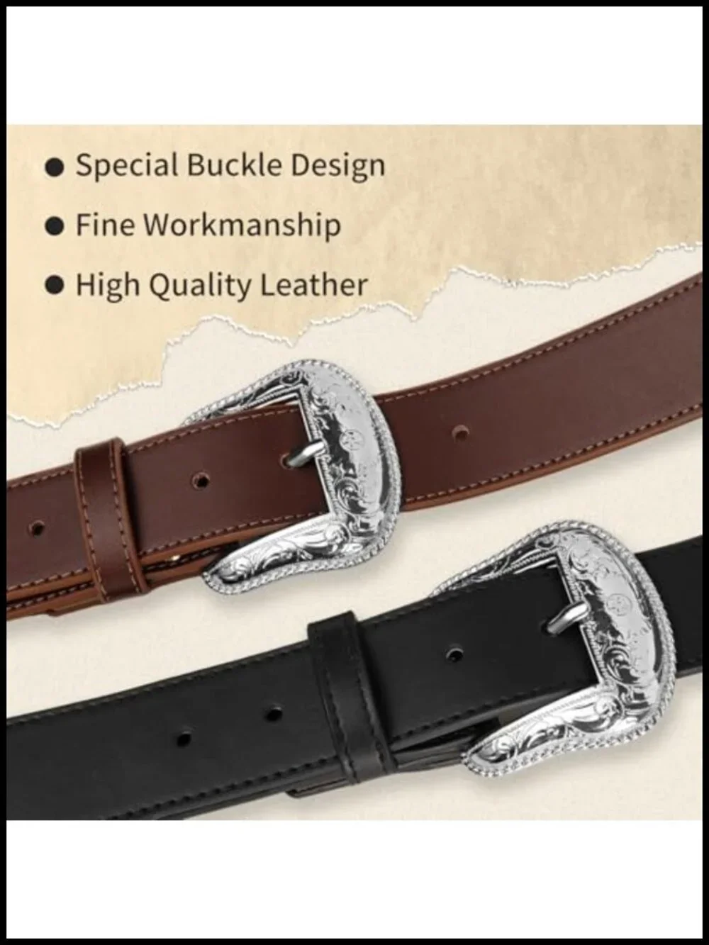 Men's Western Ranger Belt Full Grain Leather Scalloped Design Silver Conchos